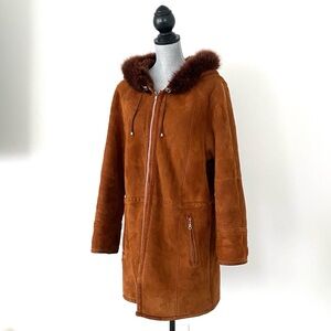 Vintage ‘80 Brown Leather& Fur Shearing Hooded Coat Oversized Sz S